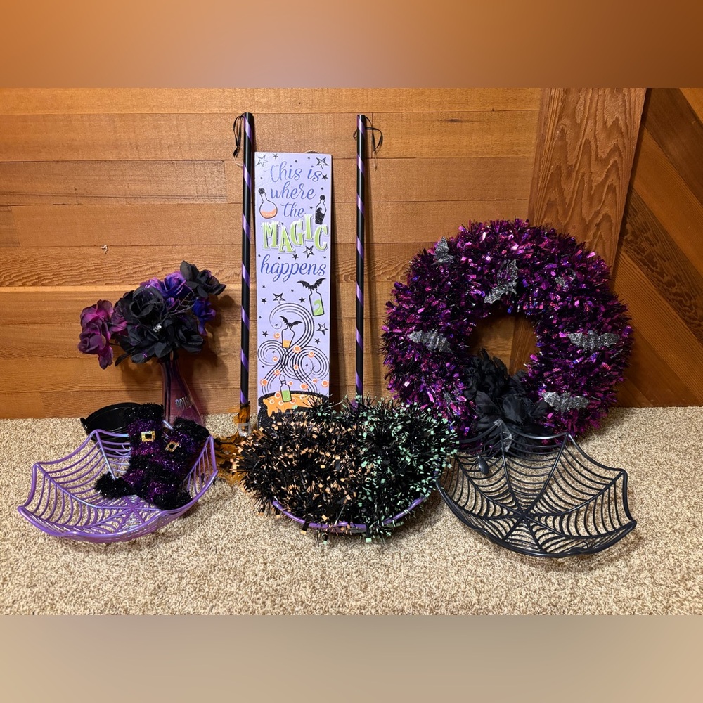 HUGE Halloween Decor Lot – Wreath, Wall Art, Spiderweb Bowls, Brooms, Cauldrons!